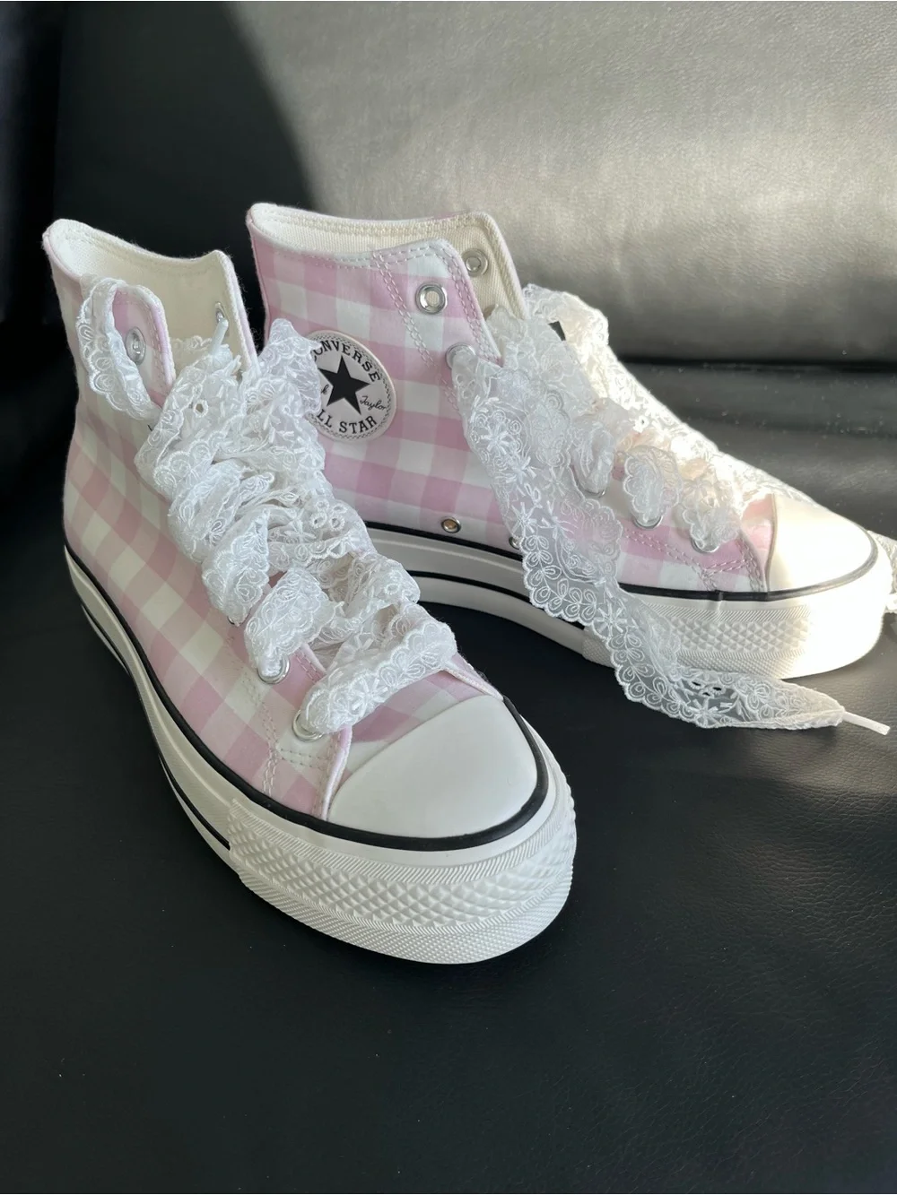 Converse High Top Sneakers Pink and White Gingham Women’s Size US 8 - Picture 4 of 10